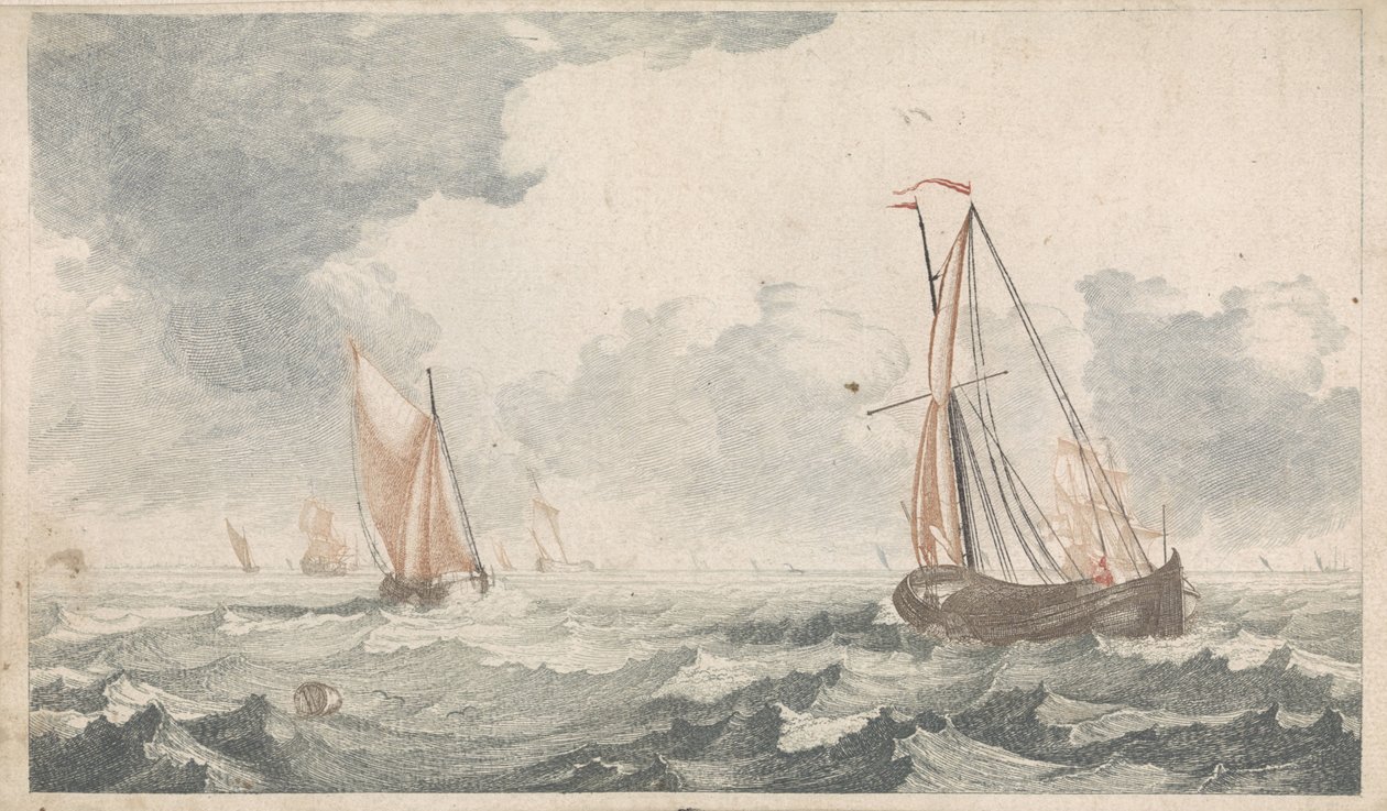两艘平底船相向而行
海上船只（A 系列）（系列名称） 作者 Johannes Jacobsz van den Aveele