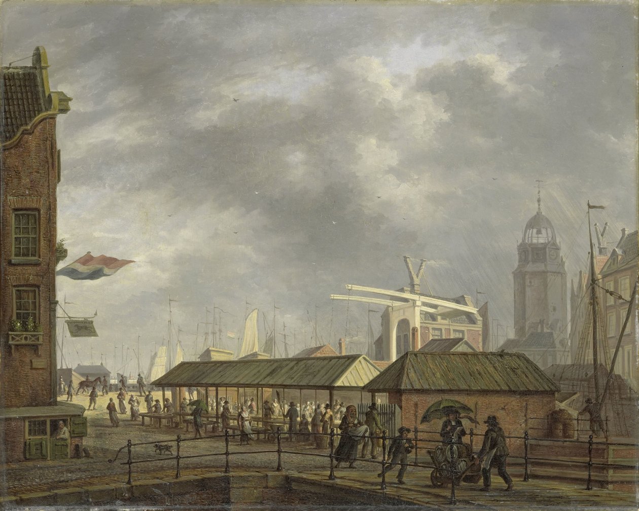 阿姆斯特丹 Brouwersgracht 和 Singel 街角的小鱼市场 作者 约翰尼斯·杰格威斯（Johannes Jelgerhuis）