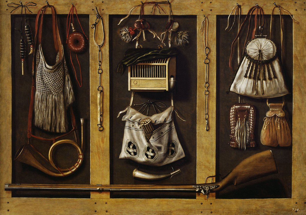 狩猎设备静物画，约1660年。 作者 约翰内斯，李曼斯