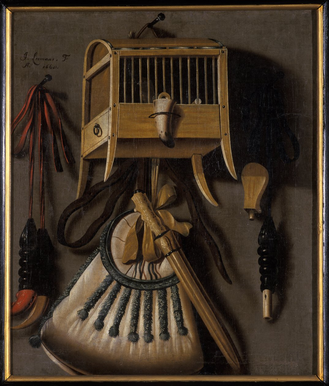 静物与鸟诱捕设备，1660年 作者 约翰尼斯·里曼斯