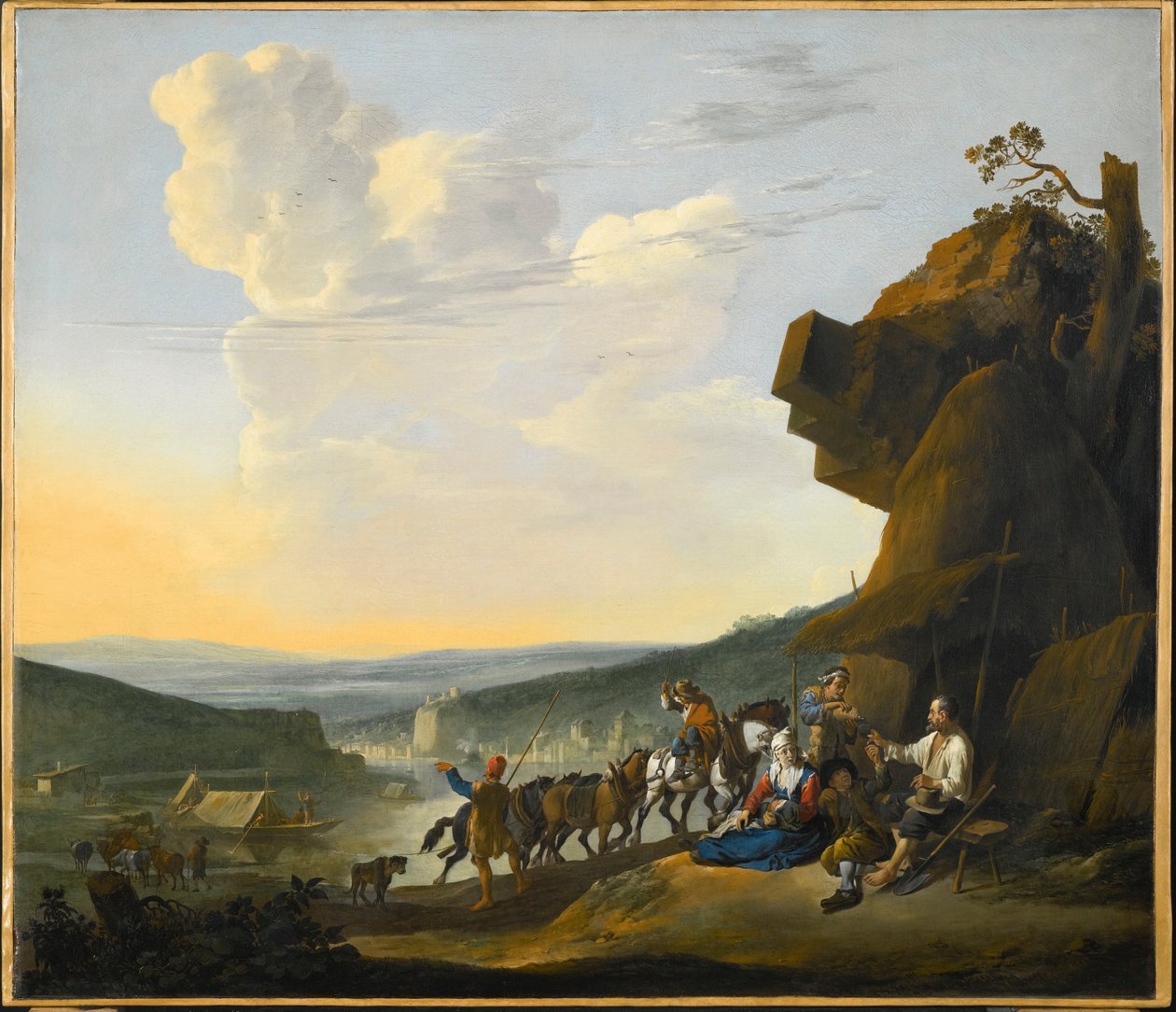 德语：Südliche Landschaft mit Fähre 南部景观，海湾景色，旅行者正在休息 作者 约翰尼斯·林格尔巴赫