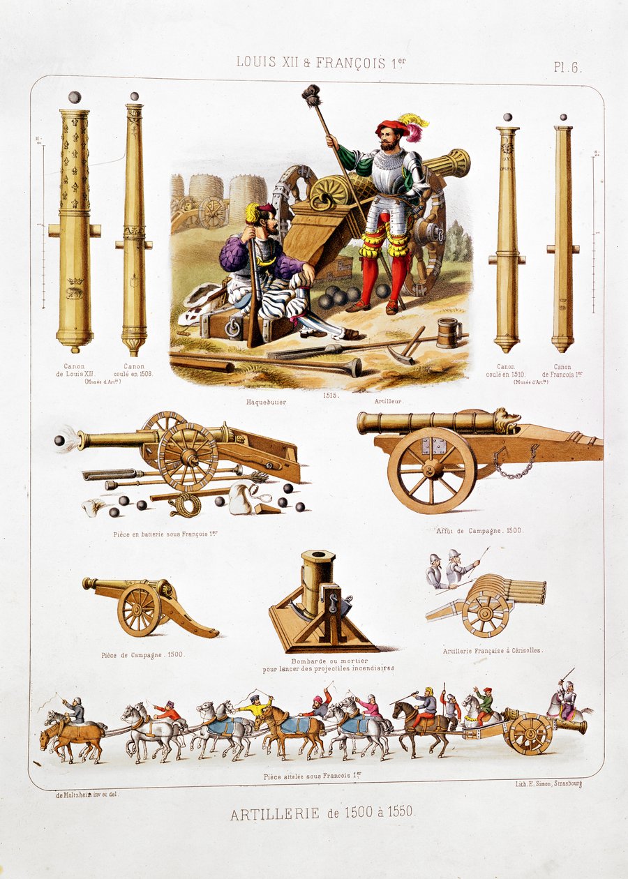 法国炮兵在1500-50之间，来自&39;L&39;Artillerie Francaise&39; 作者 约翰尼斯·莫尔茨海姆（Johannes Moltzheim）