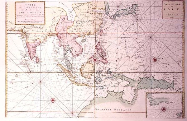 从印度西北部经日本和菲律宾延伸至澳大利亚北部的海岸图，约1700年（彩色雕刻）。 作者 Johannes 和 Mortier Cornelis Covens