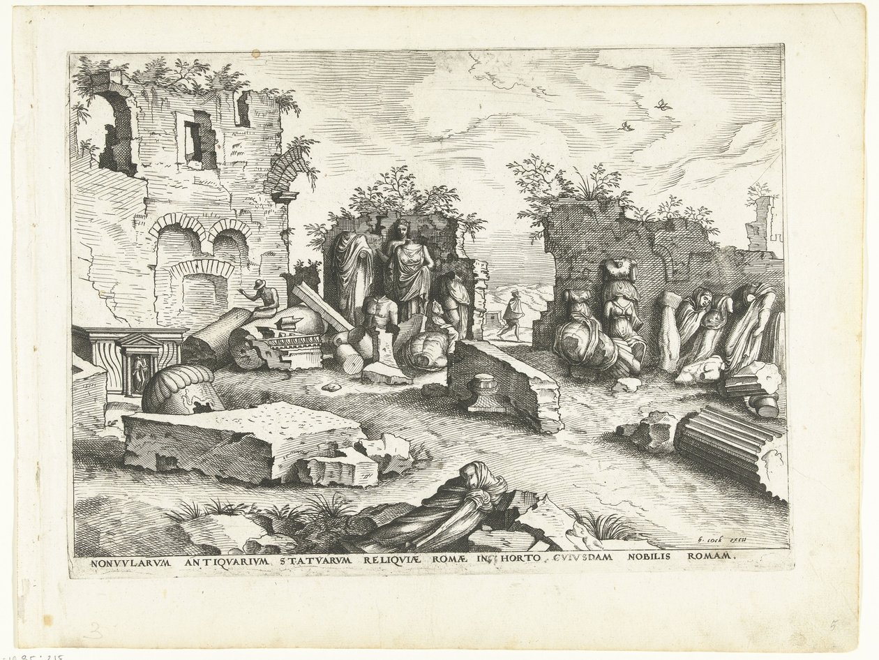 带有古代雕像碎片的花园
罗马废墟，1561 年（系列标题） 作者 Lucas van Doetechum 的约翰内斯（归因于）
