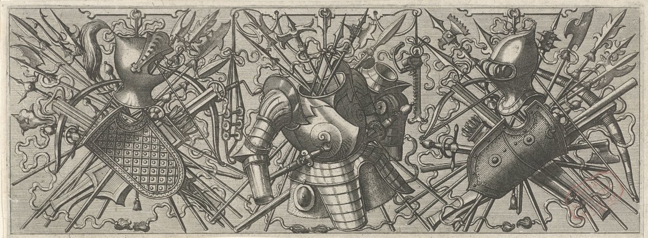 左侧有头盔、盾牌、交叉棍臂和弩的楣板
Panoplia sev armamentarium...（系列名称） 作者 Lucas van Doetechum 的约翰内斯
