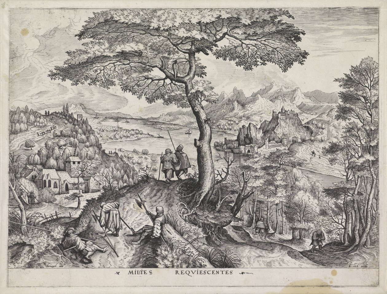 风景与休息的士兵
Milites Requiescentes（物品上的标题）
大型风景画（系列名称） 作者 Lucas van Doetechum 的约翰内斯