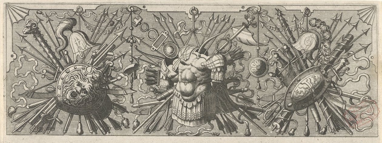 Panoplia.楣板上部有罗马人的武器
Panoplia sev armamentarium...（系列名称） 作者 Lucas van Doetechum 的约翰内斯