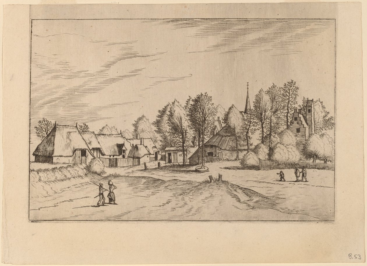 带有教堂塔楼的乡村村庄 作者 Johannes van Doetechum，长老和卢卡斯