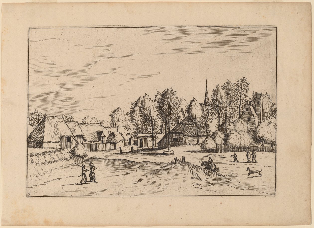 带有教堂塔楼的乡村村庄 作者 Johannes van Doetechum，长老和卢卡斯