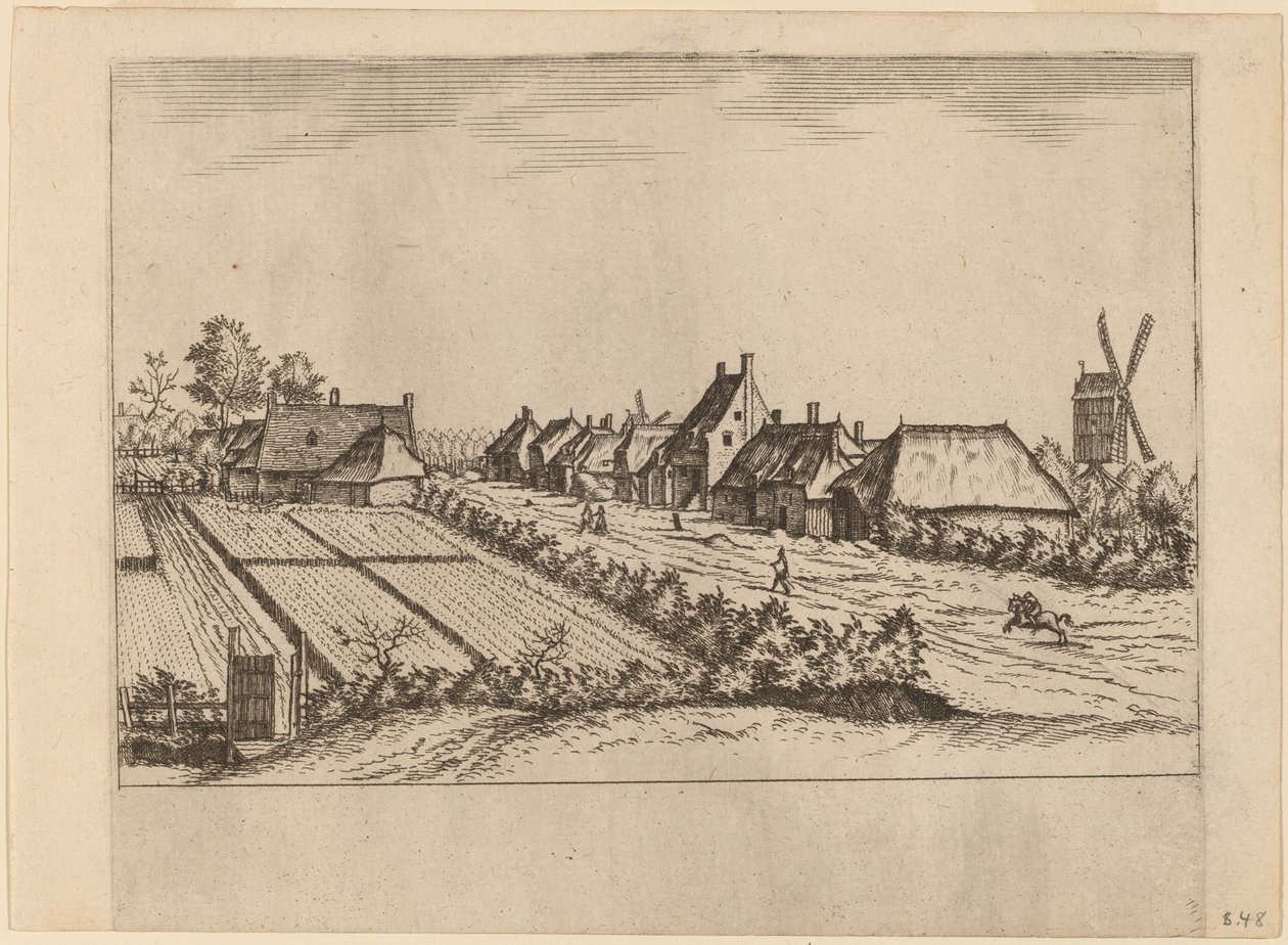 田野和一条带有磨坊的村路 作者 Johannes van Doetechum，长老和卢卡斯