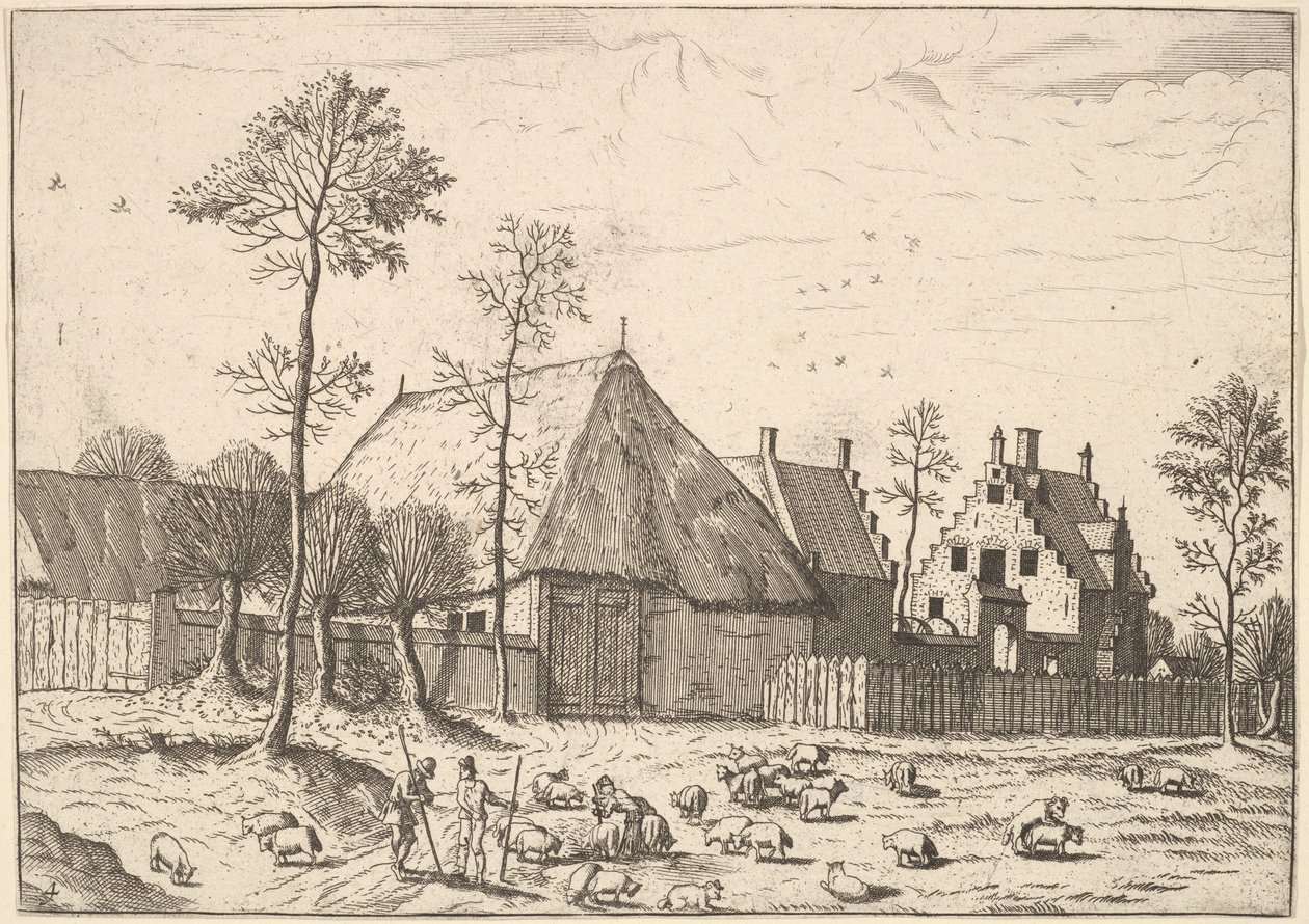 带小屋的棚子，出自《小景观》，1559-61。 作者 约翰内斯·范·杜特克姆一世