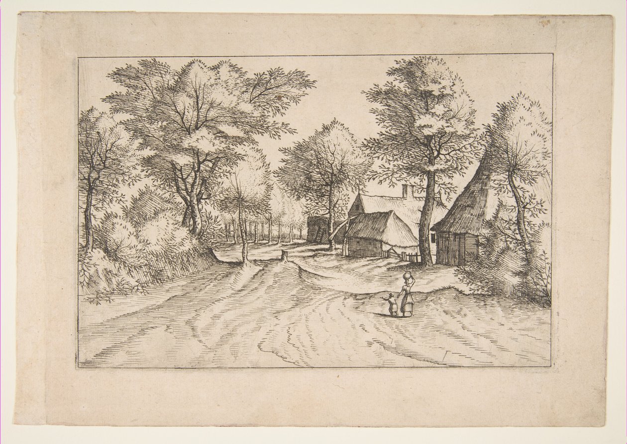带有农场和棚屋的村路，来自于《小型景观多面手》系列，1559-61。 作者 约翰内斯·范·杜特克姆一世