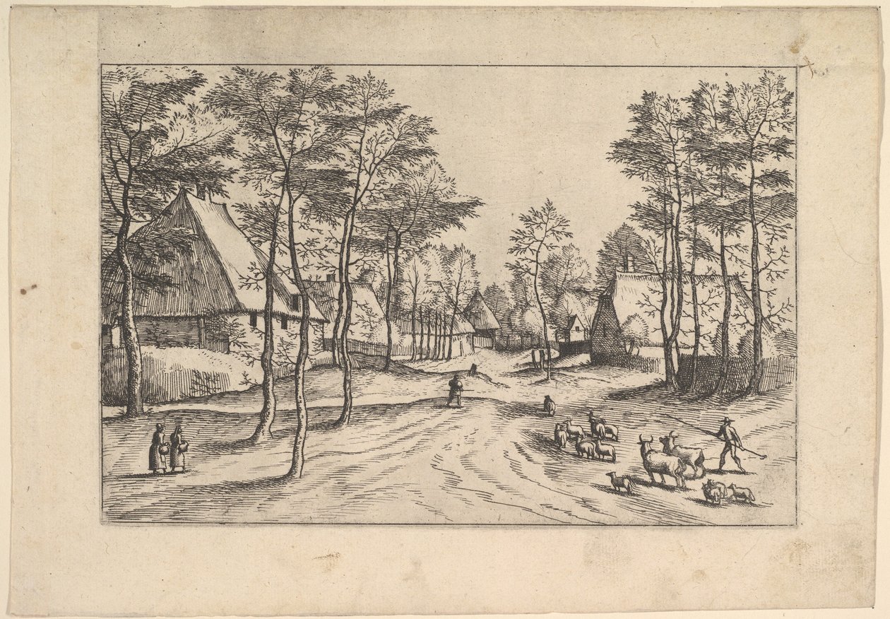 村街，前景是牛羊和牧民，来自Praediorum villar...，约1559-61。 作者 约翰内斯·范·杜特克姆一世