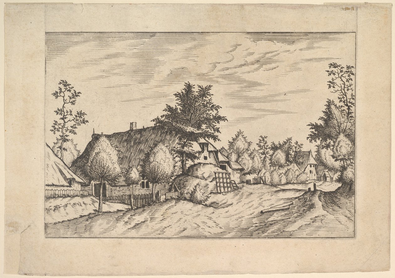 村街，农场前堆放的干草，来自Praediorum villarum et rusticar...，约1559-61。 作者 约翰内斯·范·杜特克姆一世