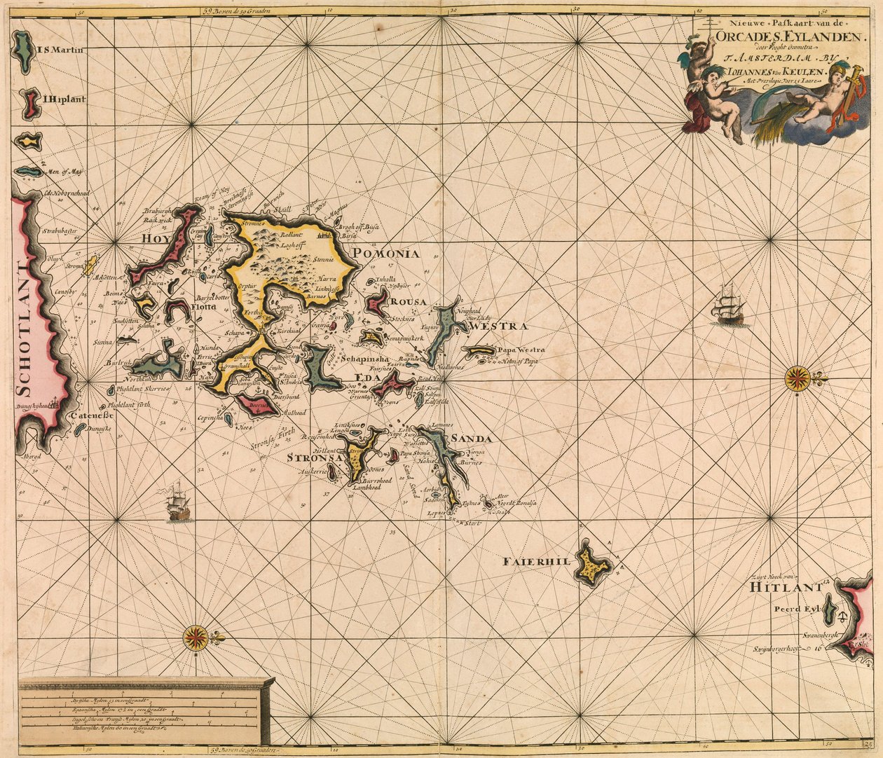 Van Keulen 的 "新放大的海洋地图集 "中的 Orcades Eylande（奥克尼群岛）海图 作者 约翰尼斯·范·库伦