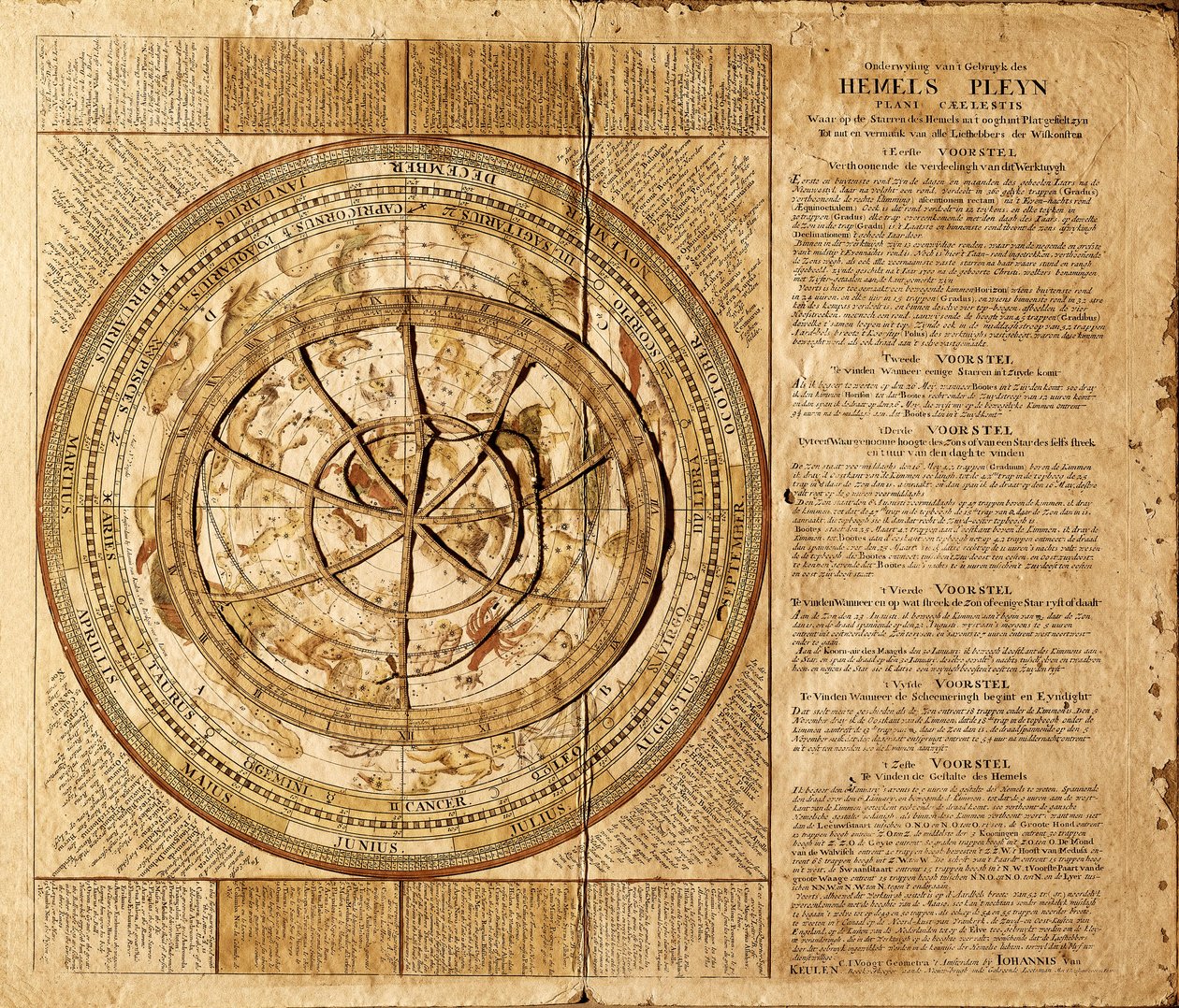 由荷兰制图师 Johannes van Keulen（1654-1715 年）制作的天体平面。 星座被表示出来，移动圆圈可以根据一年中的月份跟踪星星的位置。 巴塞罗那。 巴塞罗那海事博物馆 作者 约翰尼斯·范·库伦