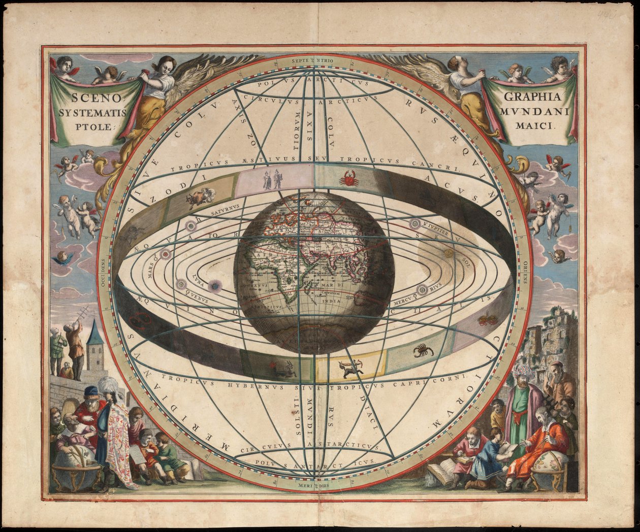 托勒密宇宙观的场景设计 来自安德烈亚斯-塞拉里乌斯的Harmonia Macrocosmica，约1660。 作者 约翰内斯·范龙