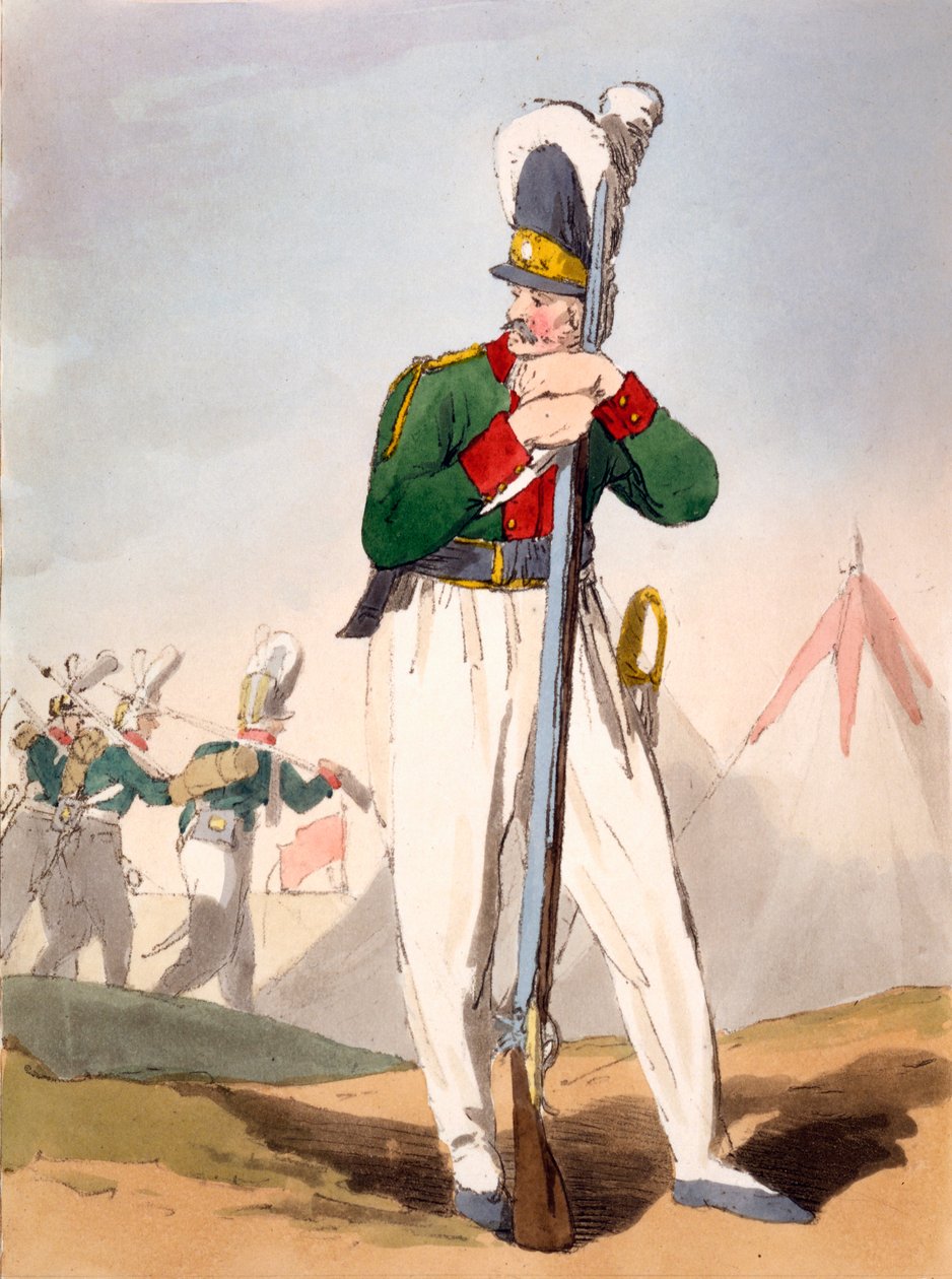 俄罗斯士兵，詹姆斯·沃克的“俄罗斯人的举止，风俗和娱乐”插图，1803-4发表（aquatint蚀刻） 作者 约翰·奥古斯都·阿特金森