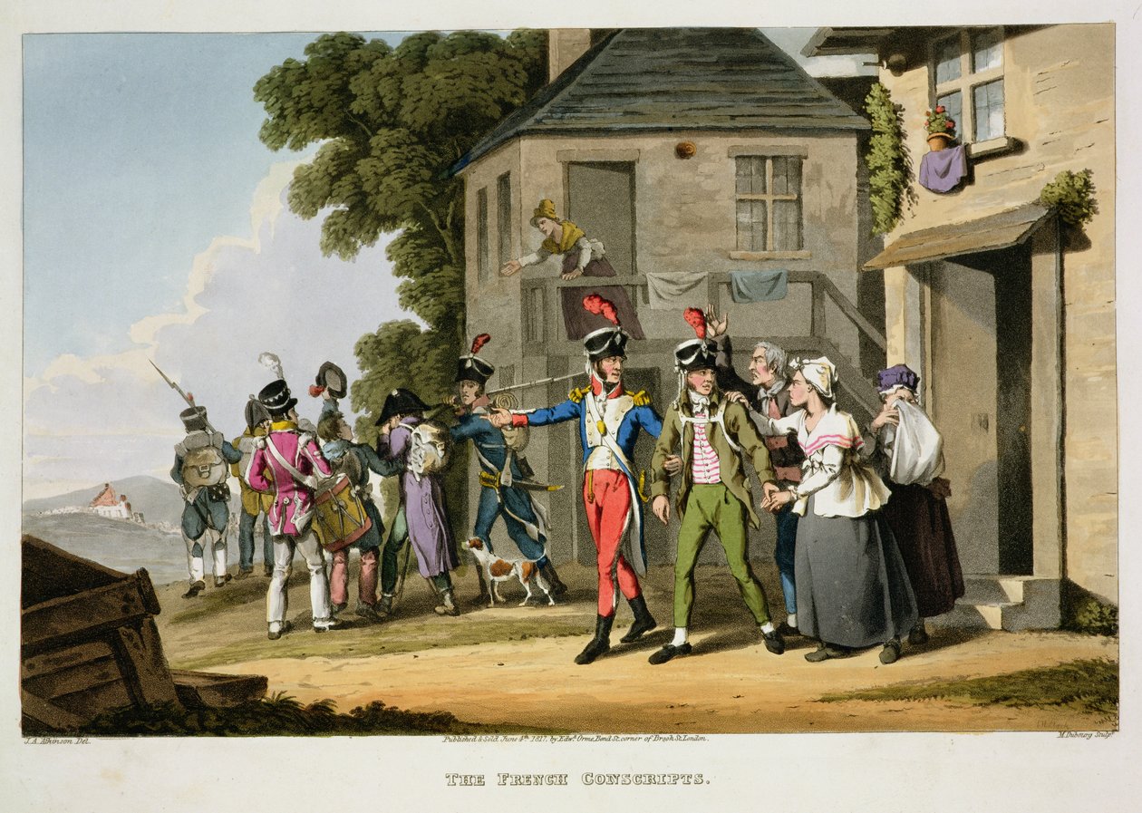 法国应征者，由Matthew Dubourg（18,120-20）和John Heaviside Clark（c.1771-1863）镌刻，来自“历史，军事和海军轶事”，酒吧。作者：Edward Orme（1774-c.1820）1817（aquatint） 作者 约翰·奥古斯都·阿特金森