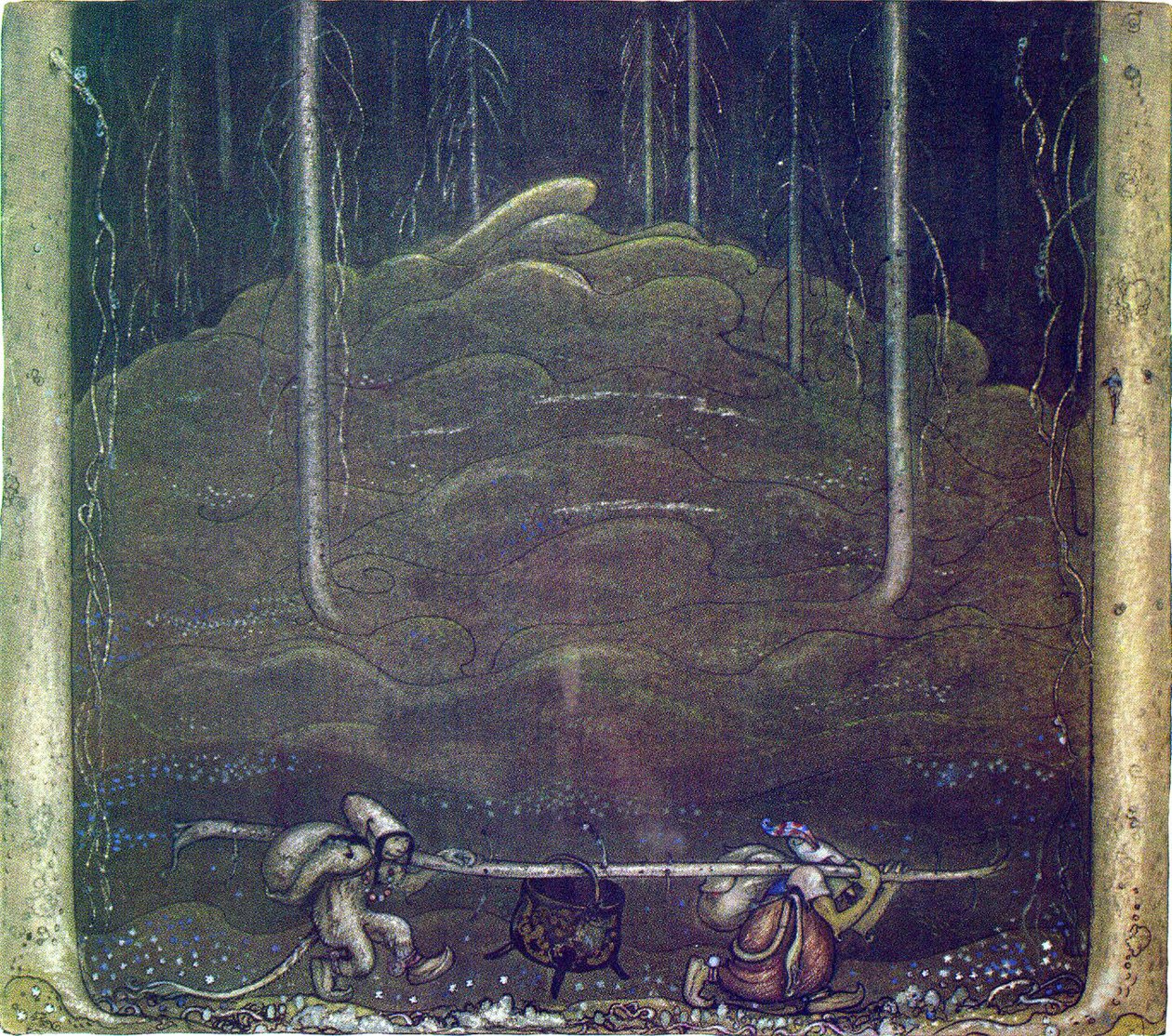 晚上来的时候，巨魔妈妈和那个男孩偷偷溜出了山。他们把巨魔坩埚放在棍子上 作者 约翰·法默