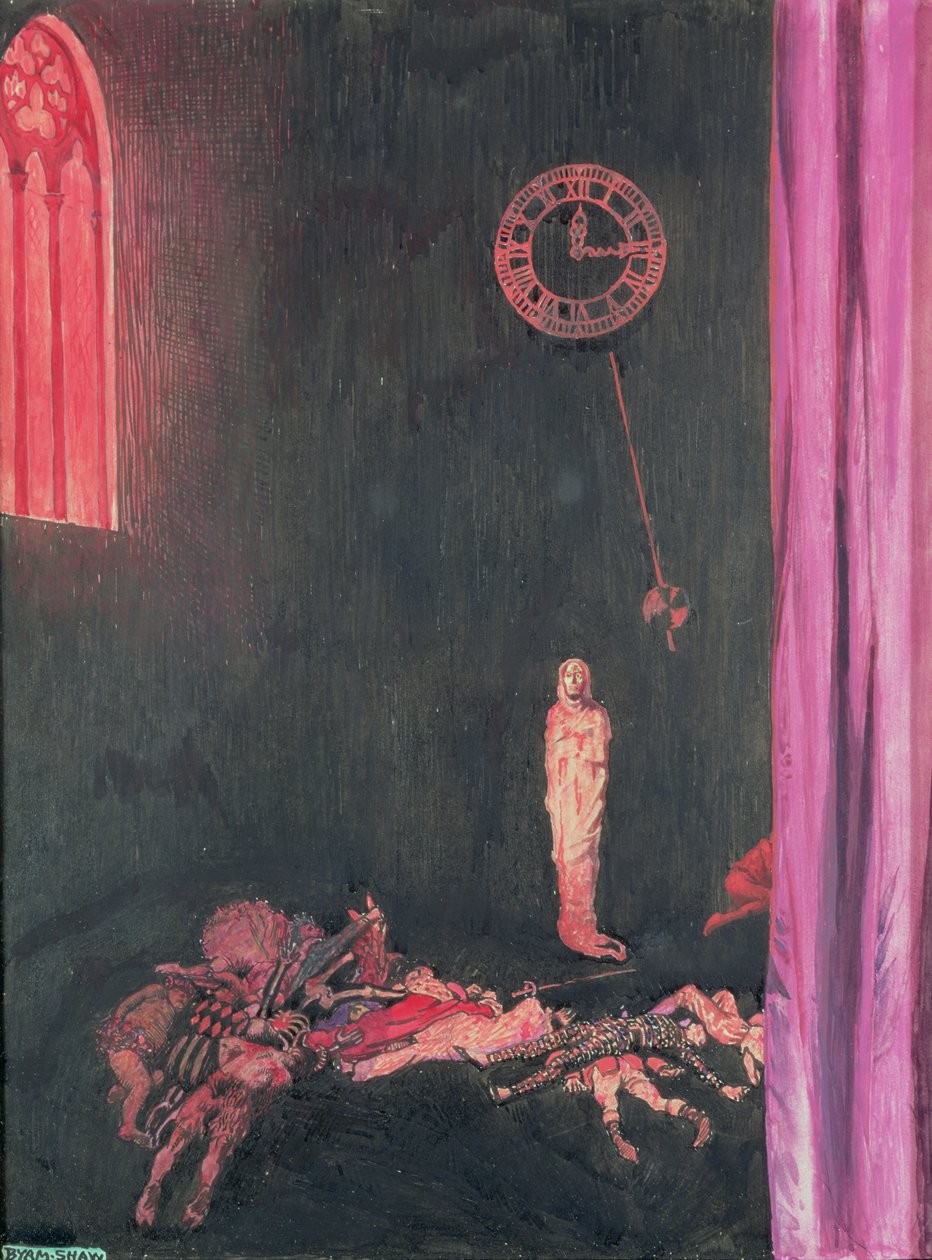 1909年埃德加·艾伦·坡（Edgar Allan Poe）的“神秘故事”（The Mystery of the Mystery）中的“红色死亡面具”（The Masque of the Red Death）中的黑暗与朽烂和红色死亡对所有人都进行了无限制的统治（wc und gouache on pa 作者 约翰·拜姆·李斯顿·肖