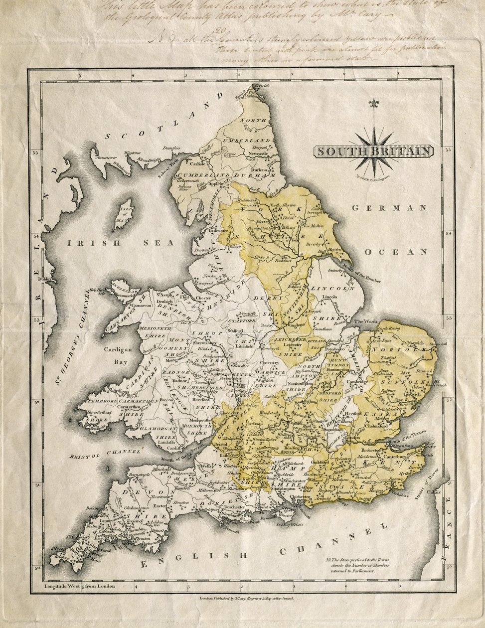 英国南部地图，彩色显示感兴趣的地质区域，由William Smith（1769-1839）注释 作者 约翰·卡里