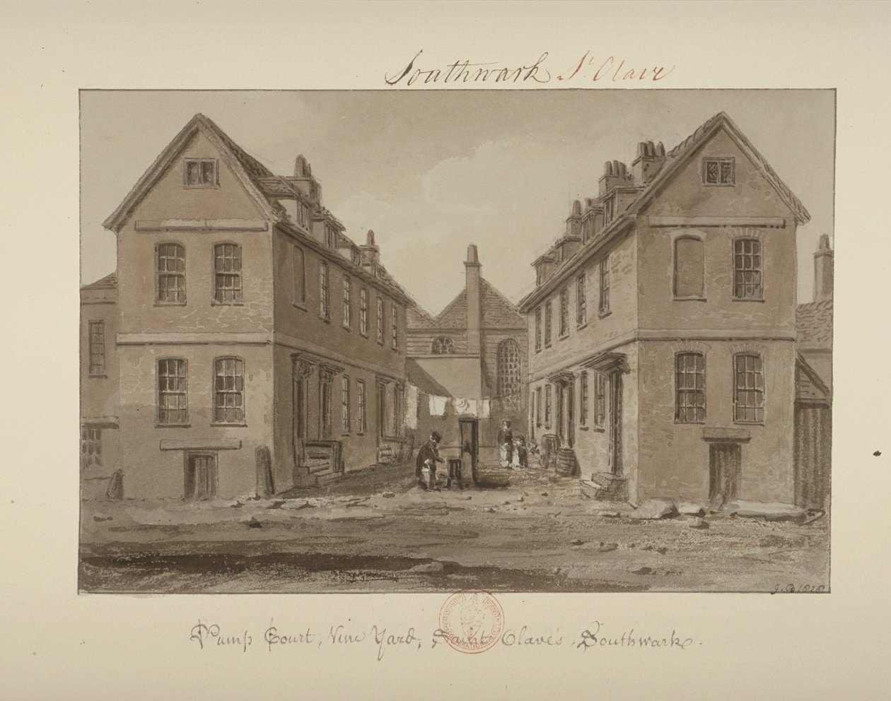 在泵法院，Vine Yard，Bermondsey，1828（在纸上洗）收集水的图的视图 作者 约翰·切塞尔·巴克勒