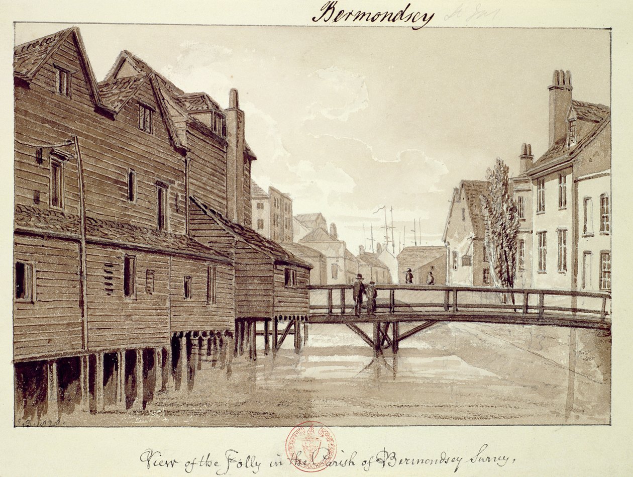 从&39;Pennant&39;s London&39;看到的愚蠢，Dockhead，Bermondsey，1828年（笔和棕褐色水洗画） 作者 约翰·切塞尔·巴克勒