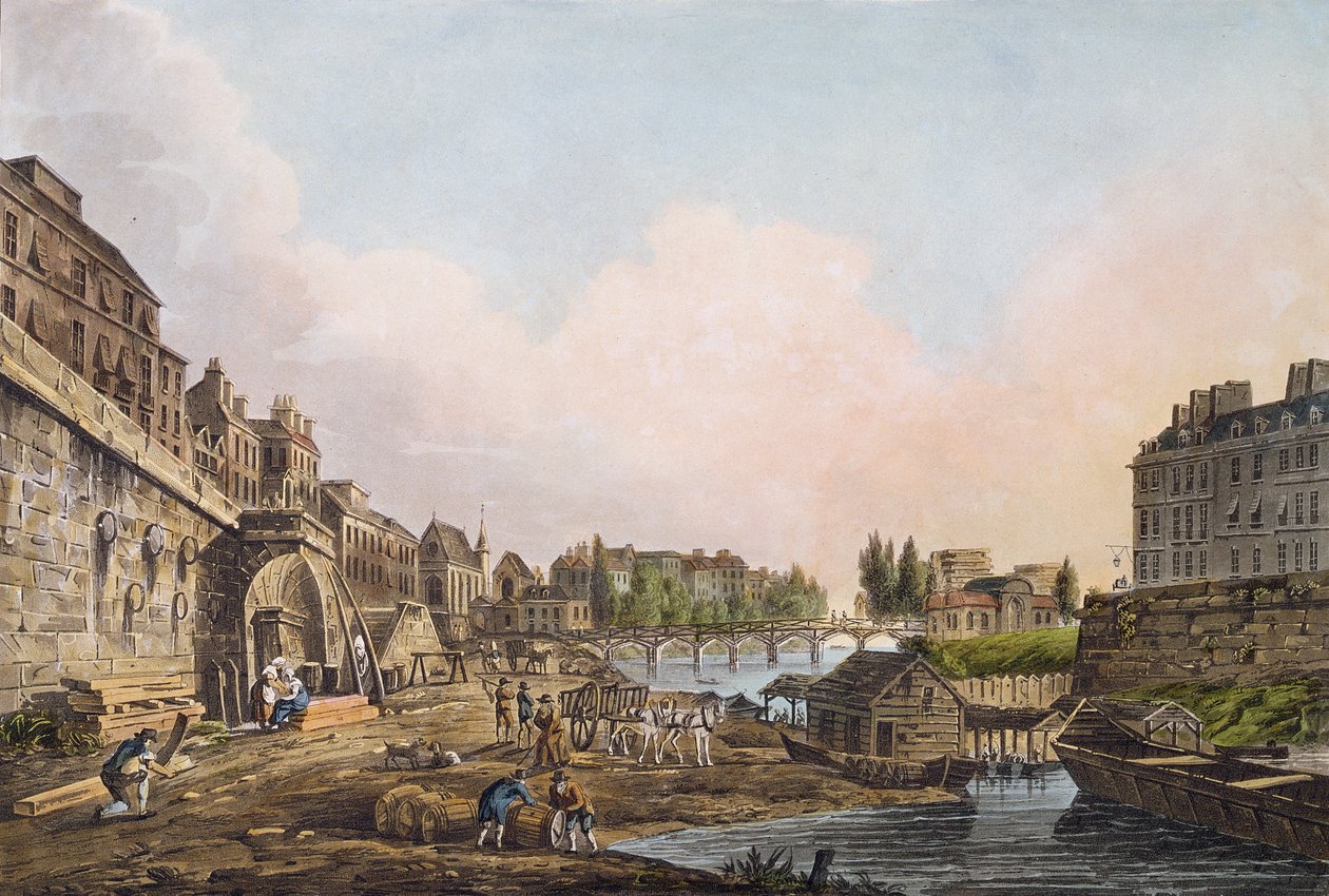 从巴黎圣母院拱门下方看到塞纳河，1805年（彩色aquatint） 作者 约翰·克劳德·纳特斯