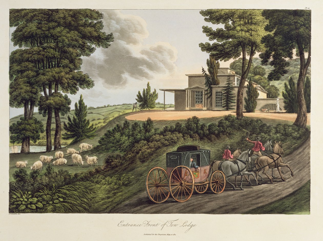 入口前面的Tew Lodge，1811年出版的“苏格兰风格的农场观察”插图（aquatint） 作者 约翰·克劳迪乌斯·劳登