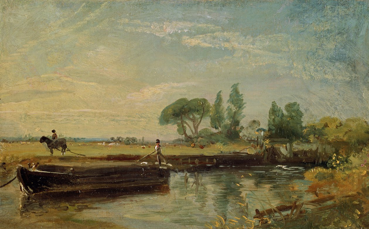 Flatford Lock下面的一艘驳船，1810年 作者 约翰·康斯特勃