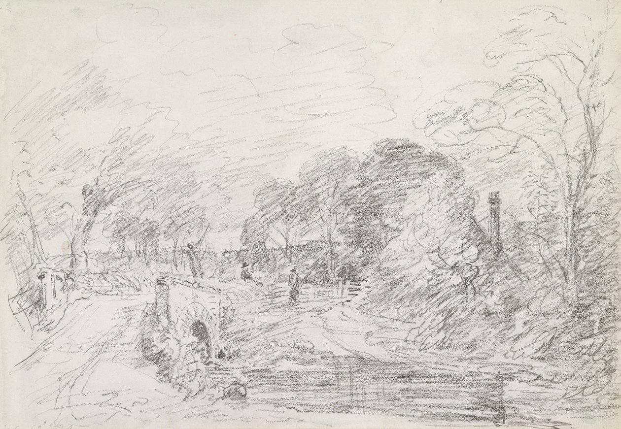 索尔兹伯里法院附近的一座桥，c.1829（纸上石墨） 作者 约翰·康斯特勃