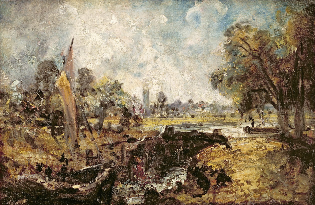 Dedham Lock，第1820页（油画布放在面板上） 作者 约翰·康斯特勃
