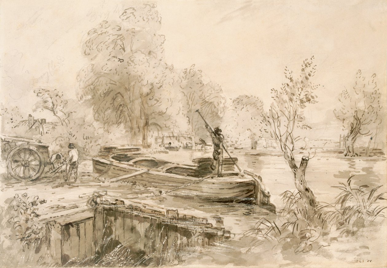 男子在Stour上装载驳船，1827年（铅笔，钢笔和灰色洗纸） 作者 约翰·康斯特勃