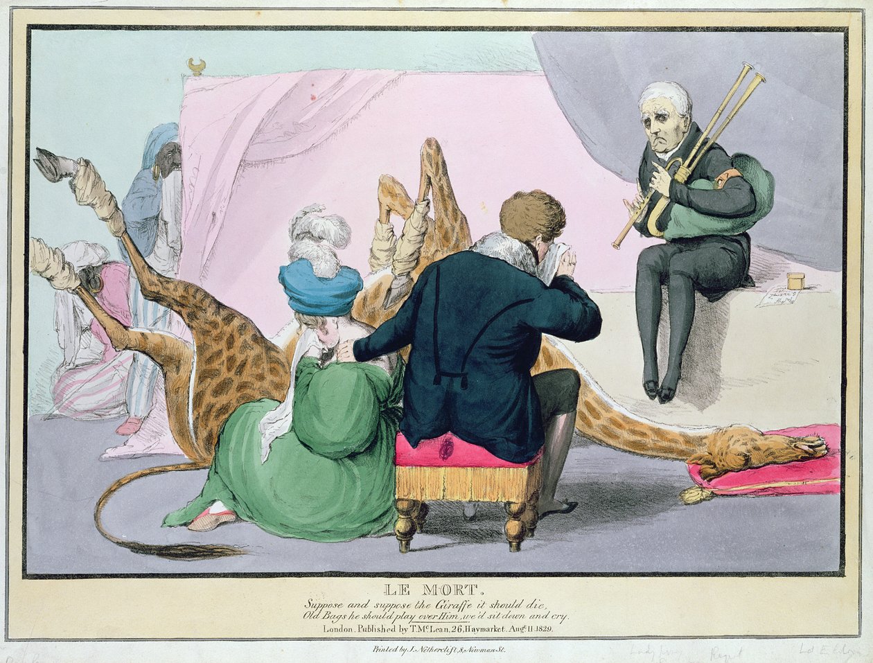 “Le Mort”，乔治四世（1762-1830），国王的讽刺作品让伦敦动物园的长颈鹿死亡，由J. Netherclift和酒吧打印。由麦克莱恩，1829年，伦敦，（手工彩色雕刻） 作者 约翰·道尔