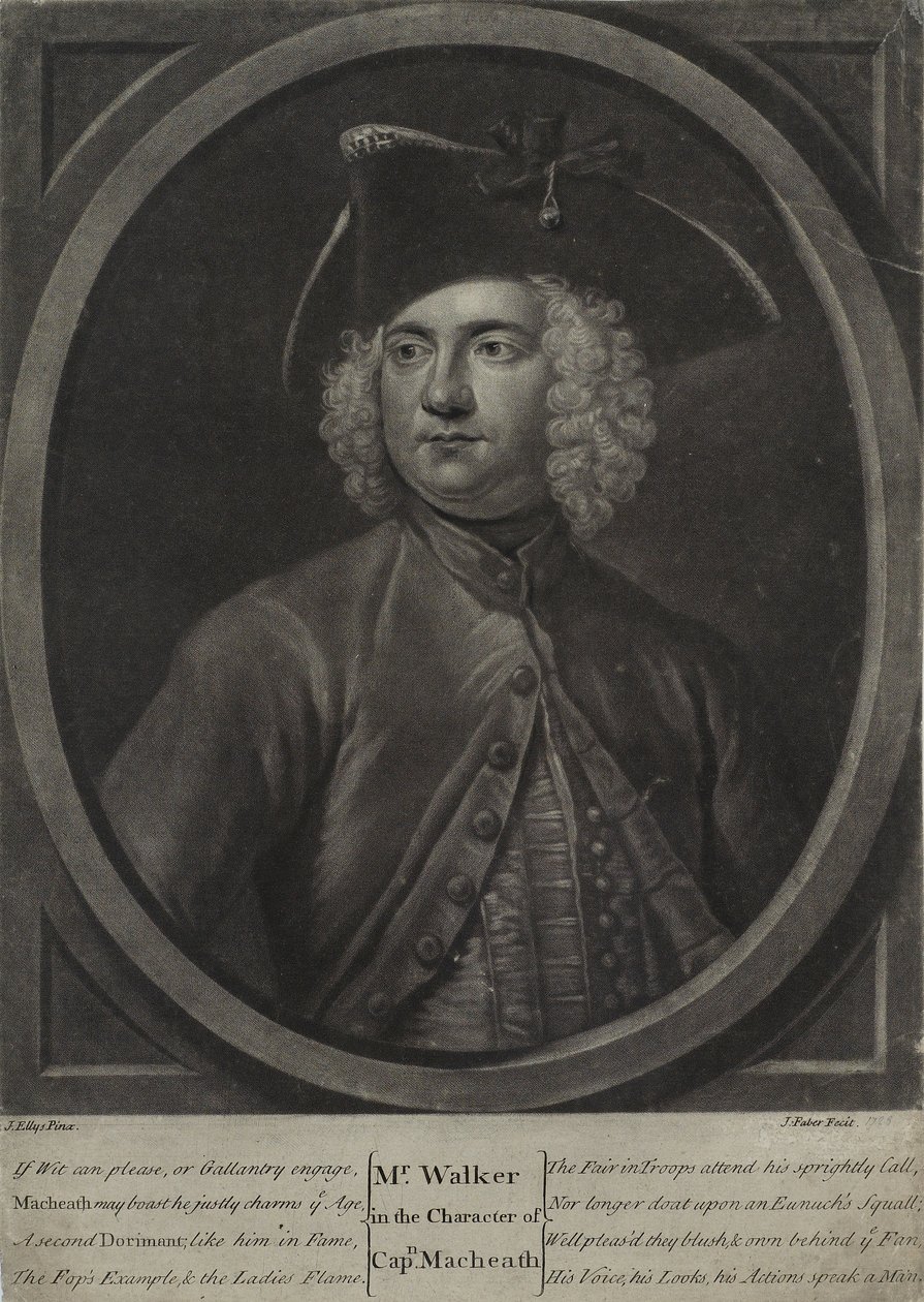 Walker先生在Macheath上尉的角色中，由约翰·费伯（约翰·费伯）（1795-1756），1728年（mezzotint）刻。 作者 约翰·艾利斯