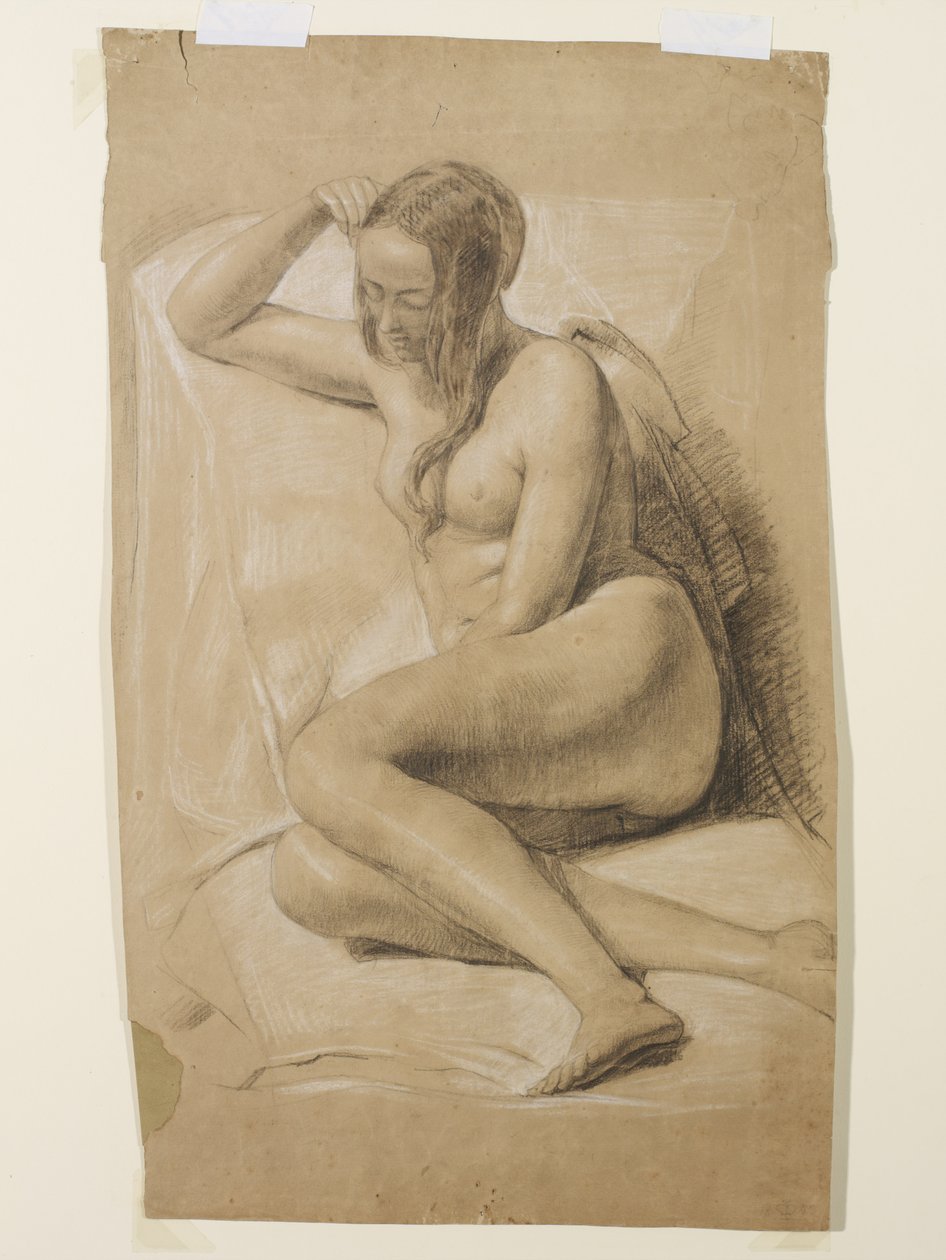 坐着的女性裸体，1847年（棕色纸上的黑色和白色粉笔） 作者 约翰·埃弗里特·米莱斯