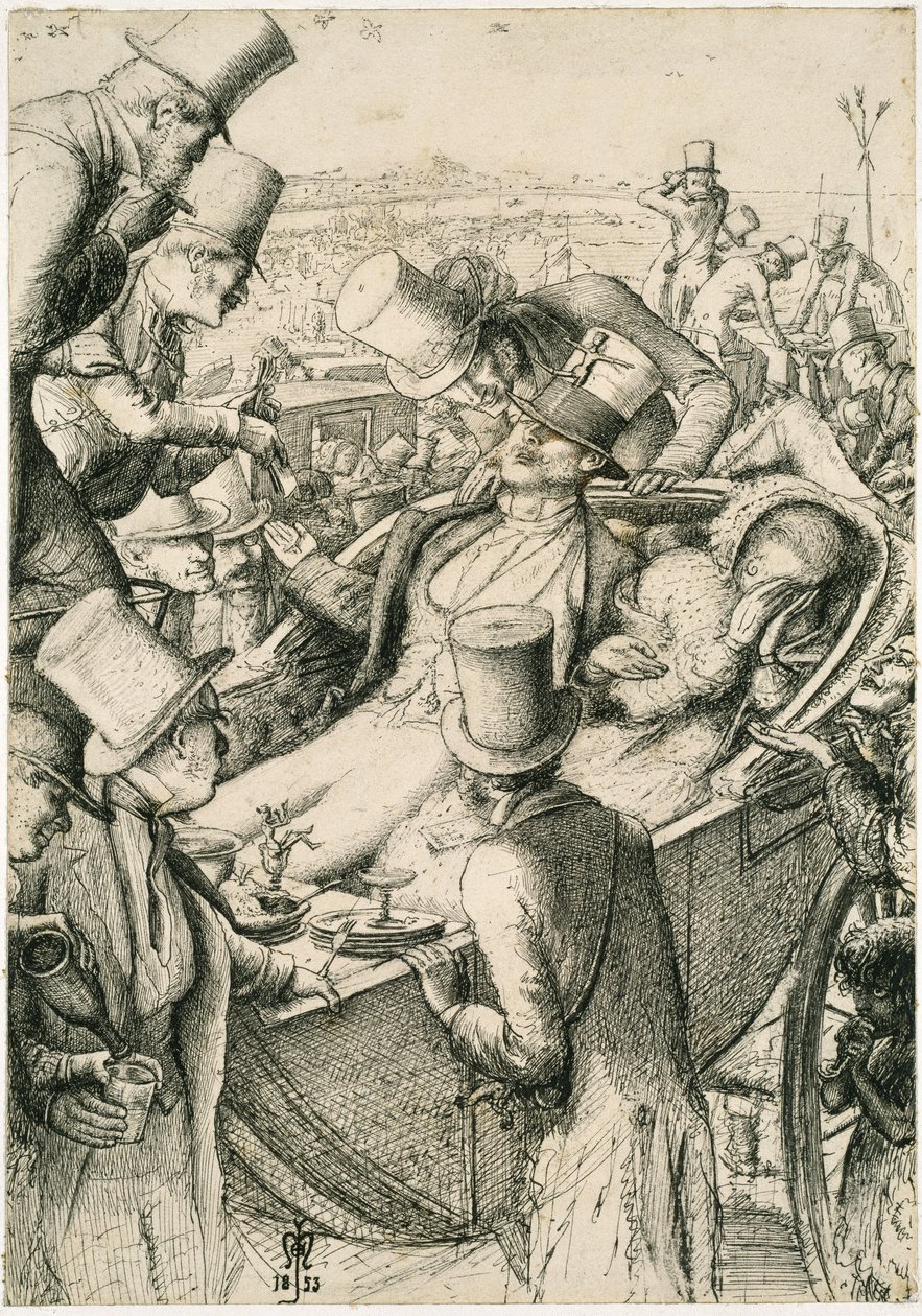 种族会议，或赌徒，1853年（白纸上的钢笔和黑色墨水） 作者 约翰·埃弗里特·米莱斯