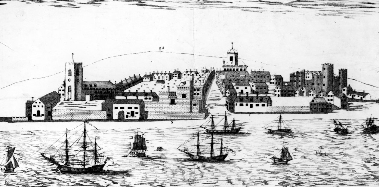 1680年左右出现的利物浦镇的西部展望，约翰·R·艾萨克的石版画 作者 约翰·耶斯（John Eyes Jnr）