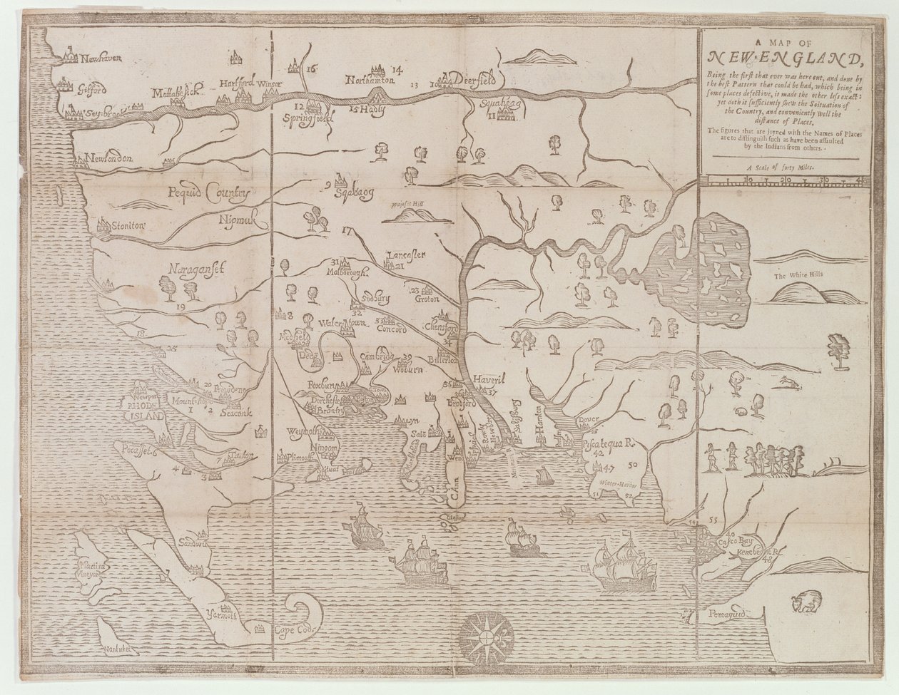 “新英格兰地图，是有史以来第一次切割......”，1677年 作者 约翰·福斯特