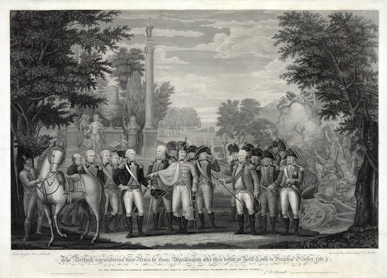 1781年10月，在弗吉尼亚州约克镇失败后，英国人向华盛顿将军投降。 1819年（bw雕刻） 作者 约翰·弗朗西斯·雷诺