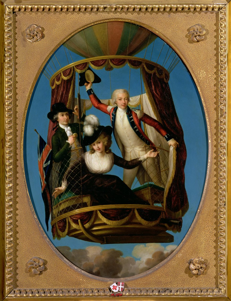 Vincenzo Lunardi上尉与他的助理乔治·比金和莱蒂娅·安妮·萨奇夫人在气球中，1785年（铜上油） 作者 约翰·弗朗西斯·里戈