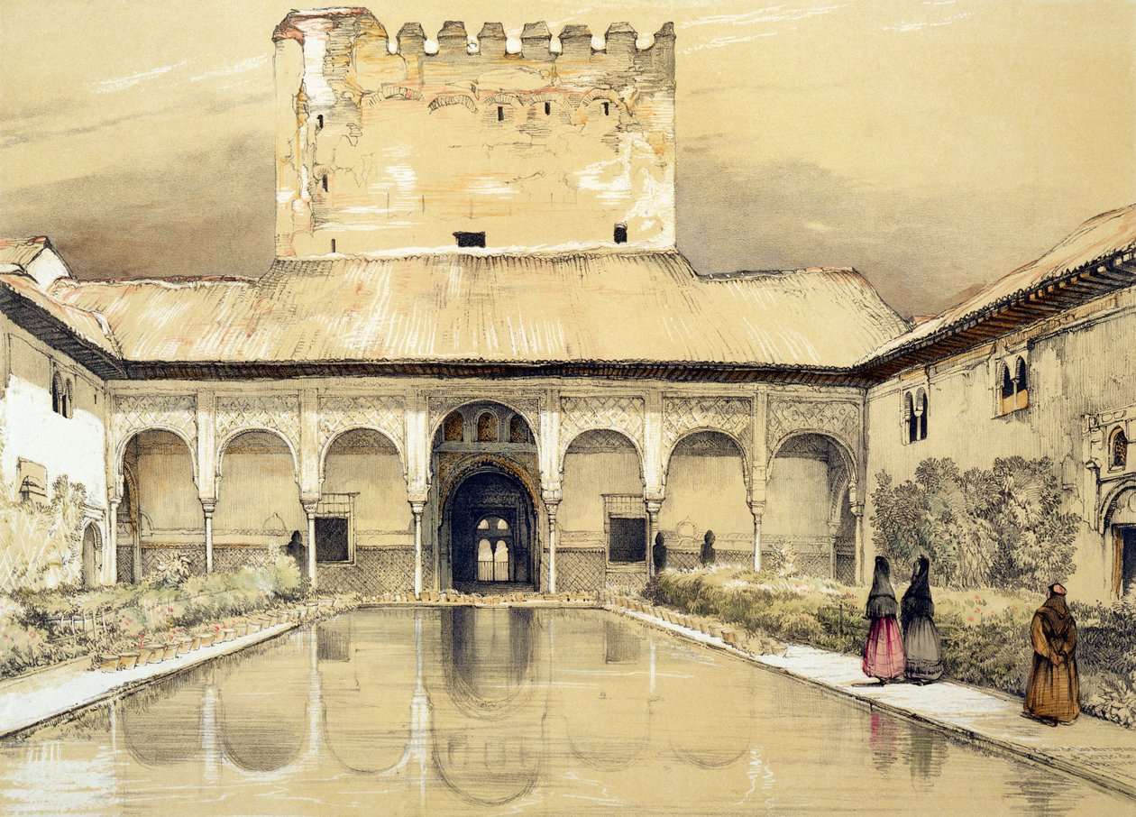 默特尔宫（Patio de los Arrayanes）和科马雷斯塔，来自“阿尔罕布拉宫的草图和绘画”，由William Gauci（1825  -  54年）雕刻，1835年 作者 约翰·弗雷德里克·刘易斯