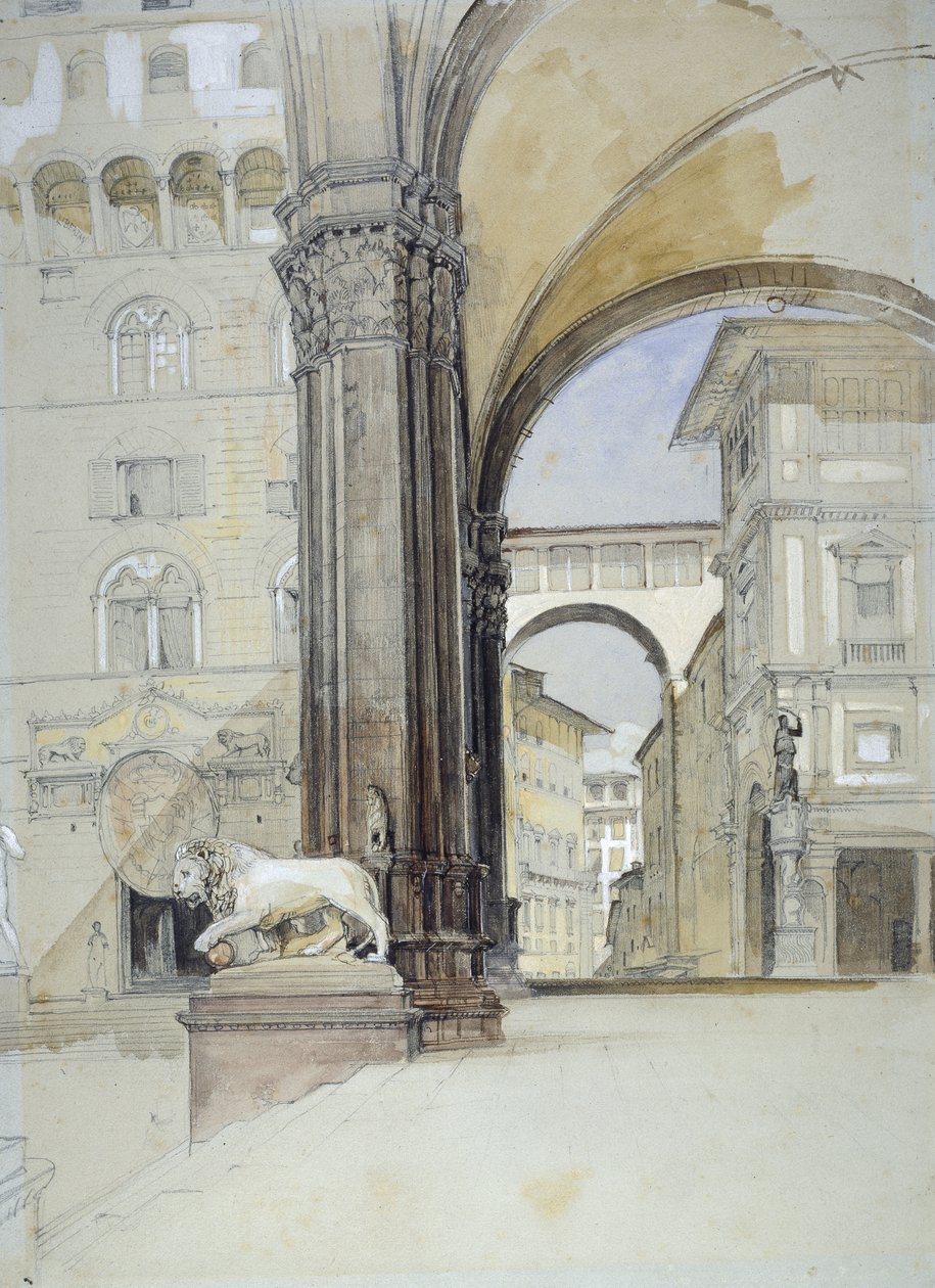 佛罗伦萨：旧宫（Palazzo Vecchio）和乌菲兹（Uffizi）（水彩画在黑色粉笔上用钢笔和棕色墨水在淡绿色的纸上） 作者 约翰·弗雷德里克·刘易斯