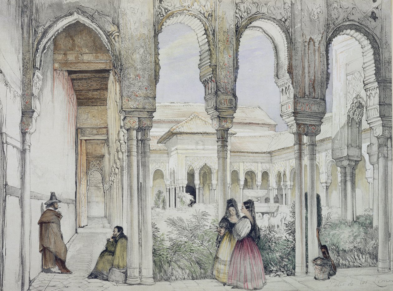 狮子宫（Patio de los Leones），来自“阿尔罕布拉宫的草图和绘画”，由William Gauci（1825  -  54年）镌刻，1835年 作者 约翰·弗雷德里克·刘易斯