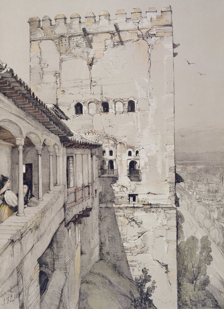 科马雷斯塔（Torre de Comares），来自“阿尔罕布拉宫的草图和绘画”，由James Duffield Harding（1798-1863）雕刻，1835年 作者 约翰·弗雷德里克·刘易斯