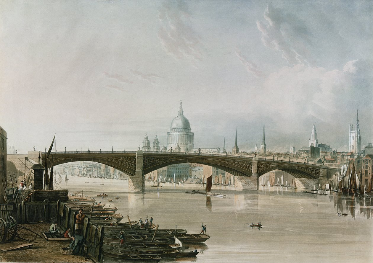 Southwark铁桥，从Bankside看，由Thomas Sutherland（b.1785），酒吧刻。 1819年由阿克曼的艺术资料库（aquatint） 作者 约翰·根德尔