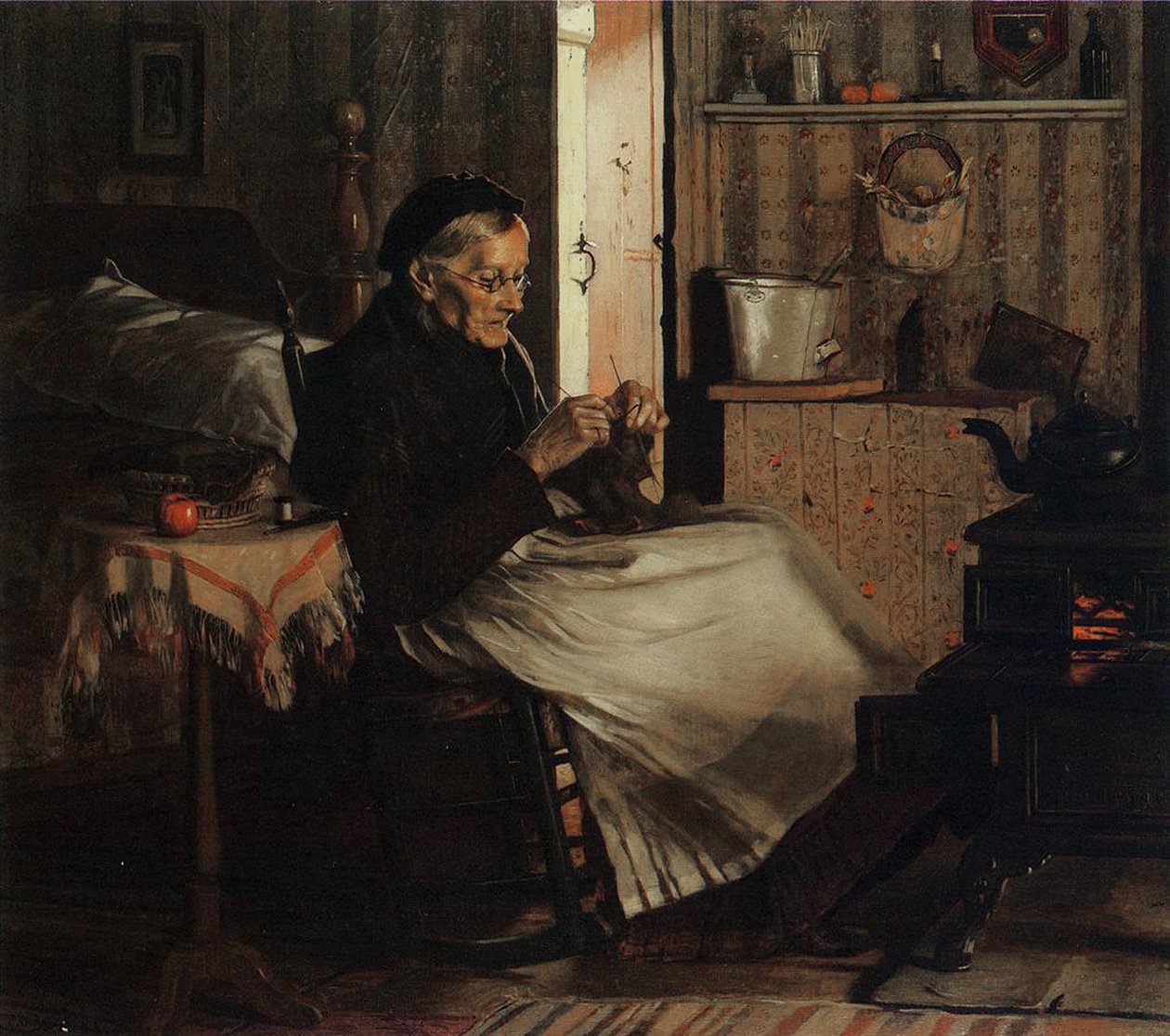 一位老妇人编织，c.1893 作者 约翰·乔治·布朗