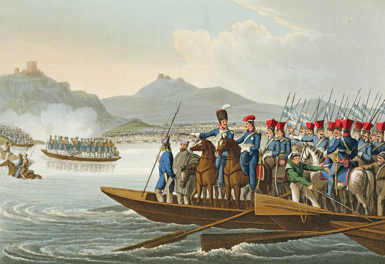 1813年，盟军穿越莱茵河入侵法国，由Matthew Dubourg（1817-20）在“历史，军事和海军轶事”酒吧中镌刻。作者：Edward Orme（1774-c.1820）1816（aquatint） 作者 约翰·海维赛德·克拉克