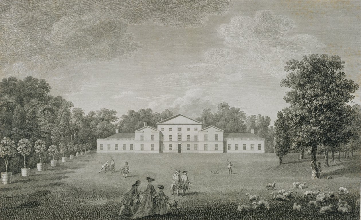 从草坪看Kew的宫殿，由William Woollett（1735-85）1763刻 作者 约翰·约书亚·柯比